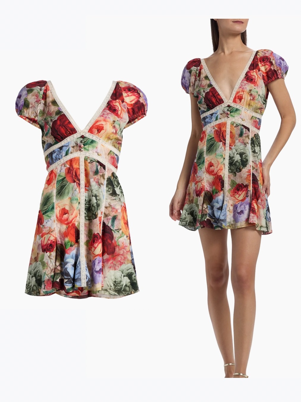 Alice + Olivia Floral Mini Dress Puff Sleeve Fit Flare Size 12 Cottagecore Boho